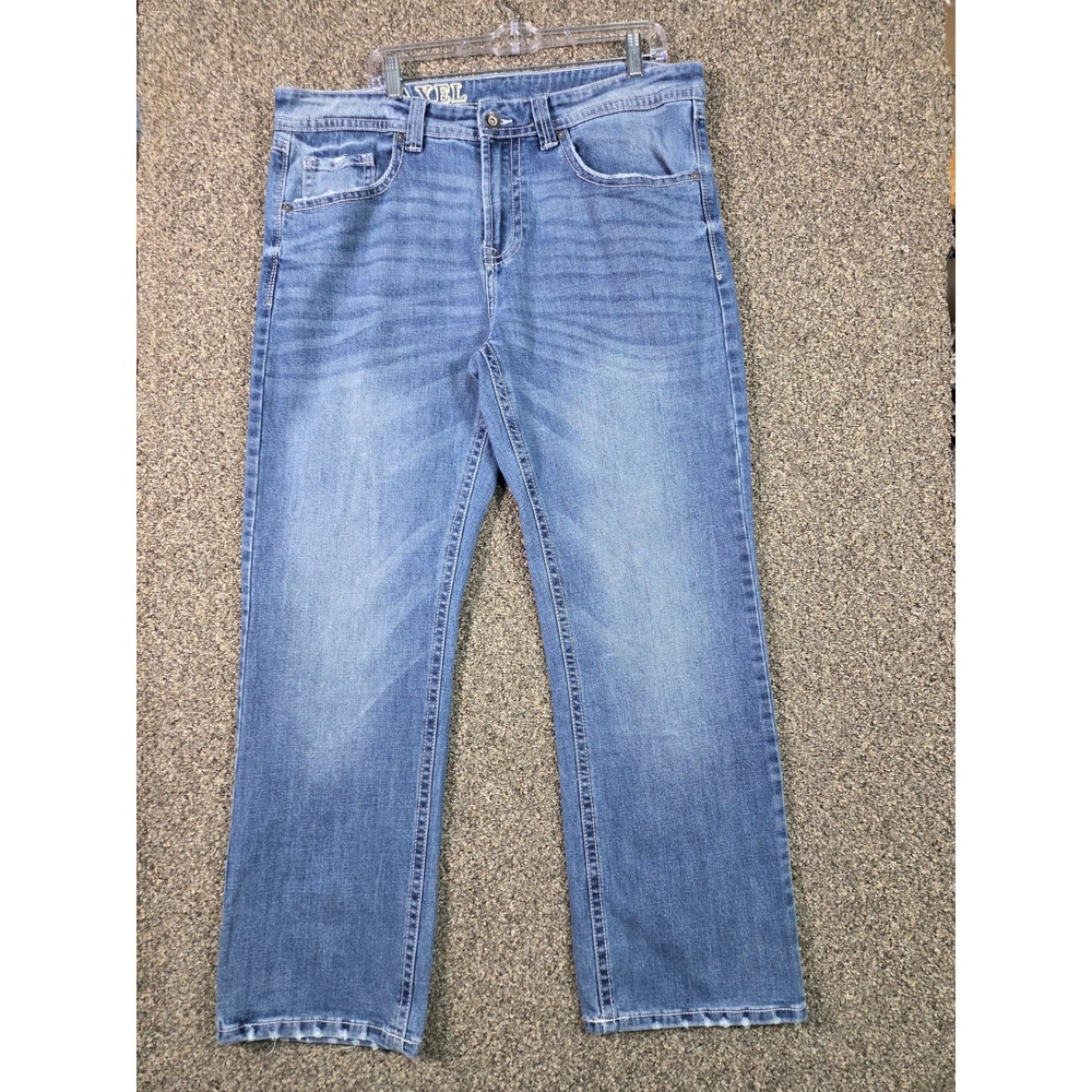 TK Axel Jeans Mens 38x32 Blue Straight Leg Contrast Stitch Embroidered Pockets